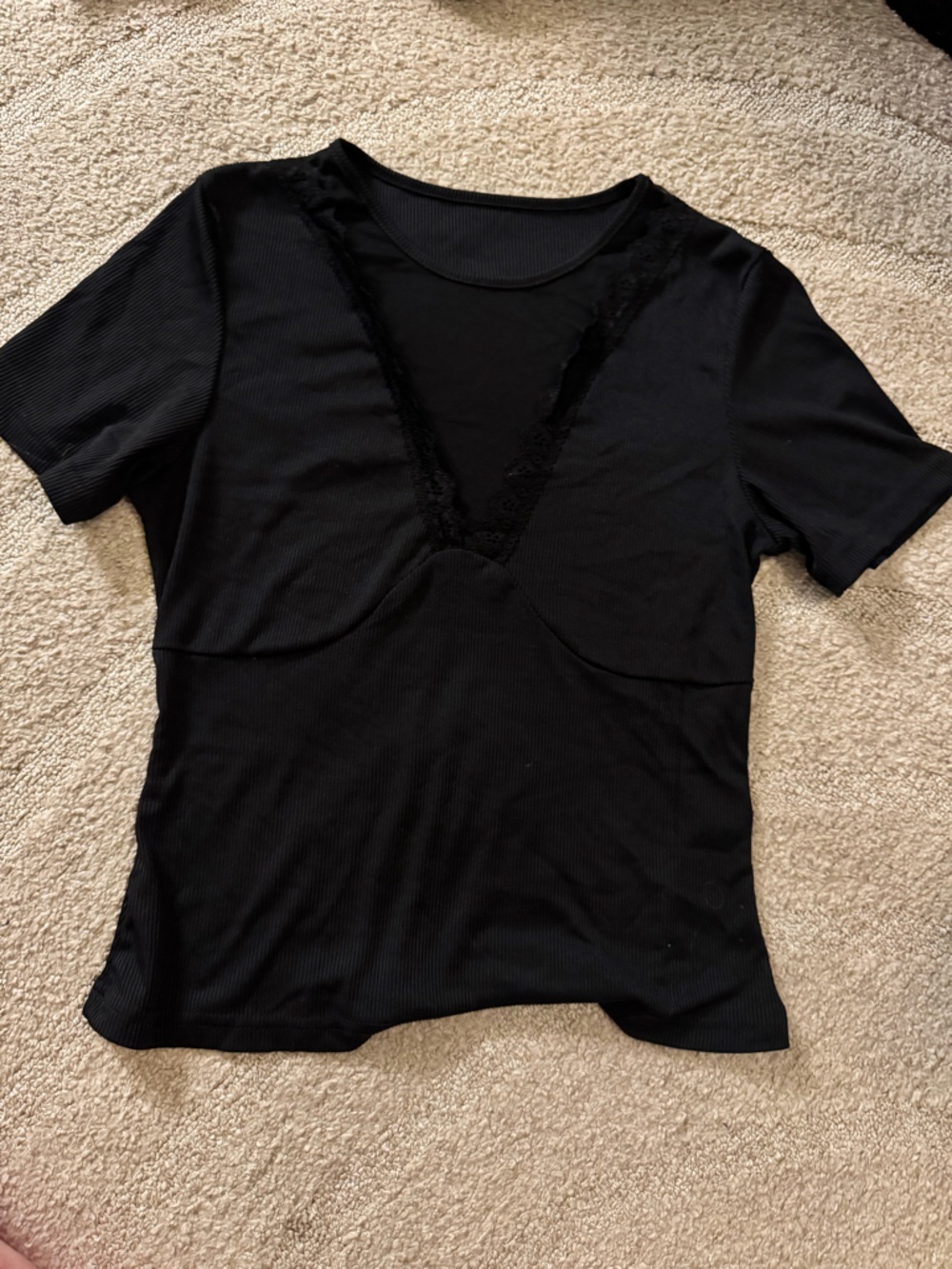 Black Short Sleeve Lace Trim Top